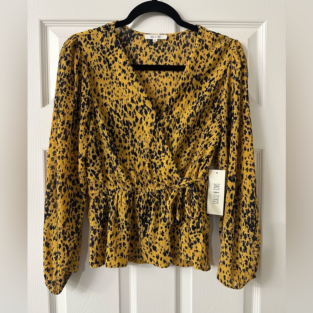 Sage & Citrus Women’s Mustard Yellow/ Black Faux Wrap Blouse Size M